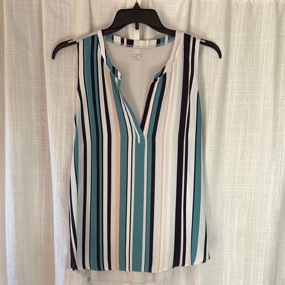 LOFT Sleeveless White and Blue Blouse with V-Neck